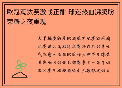 欧冠淘汰赛激战正酣 球迷热血沸腾盼荣耀之夜重现