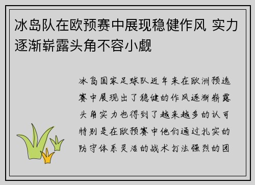 冰岛队在欧预赛中展现稳健作风 实力逐渐崭露头角不容小觑