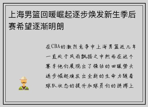 上海男篮回暖崛起逐步焕发新生季后赛希望逐渐明朗