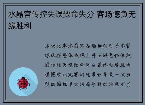 水晶宫传控失误致命失分 客场憾负无缘胜利