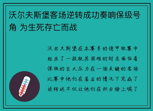 沃尔夫斯堡客场逆转成功奏响保级号角 为生死存亡而战