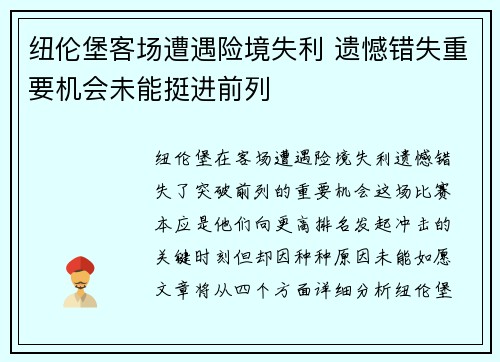 纽伦堡客场遭遇险境失利 遗憾错失重要机会未能挺进前列