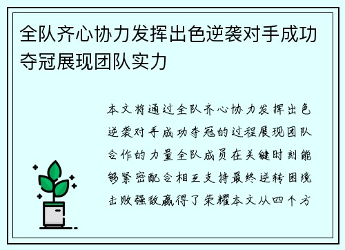 全队齐心协力发挥出色逆袭对手成功夺冠展现团队实力
